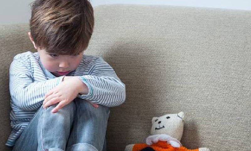 Image of A Sad Little and Boy and Teddy Bear Sitting on the Sofa in a Room